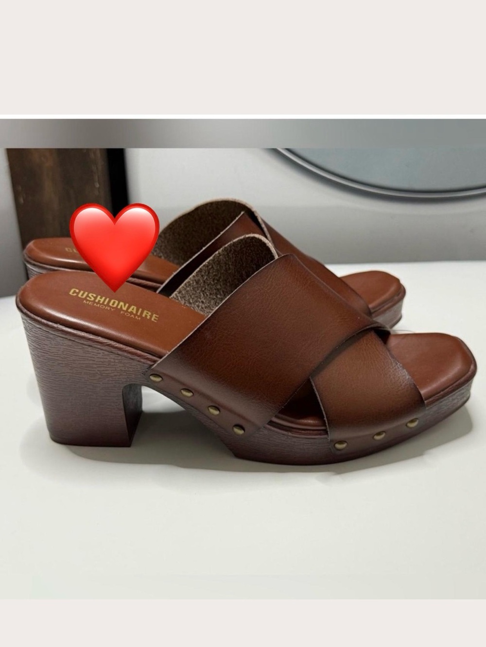 Cushionaire Brown Leather Crossover Heel Mules with Stud Accents